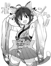 1girl ahoge animal_ear_hairband animal_ears armpits arms_up bare_shoulders blush bow cat_ear_hairband cat_ears cat_tail cosplay cowboy_shot detached_sleeves dot_nose fake_animal_ears fake_tail flat_chest floral_print greyscale hairband hands_up ichihime ichihime_(cosplay) idolmaster idolmaster_cinderella_girls idolmaster_cinderella_girls_starlight_stage japanese_clothes kimono kimono_skirt looking_at_viewer mahjong_soul monochrome niku-name open_mouth print_sleeves short_hair sleeveless sleeveless_kimono smile solo standing sweat tail thighhighs v-shaped_eyebrows waist_bow wakiyama_tamami wide_sleeves zettai_ryouiki