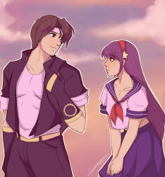1boy 1girl asamiya_athena brown_hair charlyarts kusanagi_kyou psycho_soldier purple_eyes purple_hair school_uniform skirt snk the_king_of_fighters