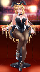 Rule 34 | 1girl, alternate costume, animal ears, bar (place), bar chair, bar stool, bare shoulders, black bow, black bowtie, black leotard, black pantyhose, black shoes, blonde hair, blush, bow, bowtie, breasts, cleavage, commentary request, counter, detached collar, elbow rest, fake animal ears, fate testarossa, full body, high heels, highleg, highleg leotard, highres, holding, holding key, indoors, key, large breasts, leotard, long hair, looking at viewer, lyrical nanoha, mahou shoujo lyrical nanoha, nail polish, pantyhose, parted lips, playboy bunny, rabbit ears, red eyes, red nails, shoes, sitting, solo, sougetsu izuki, stool, strapless, strapless leotard, traditional bowtie, very long hair, white wrist cuffs, wrist cuffs