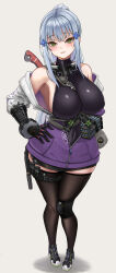 1girl absurdres bare_shoulders black_gloves black_thighhighs blush breasts clukay_(neural_cloud) female_focus full_body girls&#039;_frontline girls&#039;_frontline_2:_exilium gloves green_eyes hand_on_own_hip highres hk416_(girls&#039;_frontline) jacket large_breasts long_hair looking_at_viewer magazine_(weapon) nahanmin off_shoulder parted_lips ponytail smile solo standing teardrop_facial_mark thighhighs thighs white_jacket