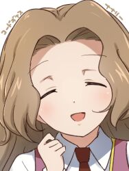 Rule 34 | 1girl, :d, ashford academy school uniform, brown hair, closed eyes, code geass, kiikii (kitsukedokoro), long hair, nunnally vi britannia, open mouth, school uniform, simple background, smile, solo, very long hair, white background