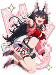 1girl absurdres animal_ears black_hair breasts crop_top gotointhepark highres hololive jacket large_breasts long_hair looking_at_viewer midriff miniskirt multicolored_hair multicolored_jacket nail_polish navel neckerchief ookami_mio open_clothes open_jacket open_mouth outstretched_arm pink_jacket pleated_skirt red_nails red_shirt shirt shoes short_sleeves skirt smile sneakers solo stomach streaked_hair thigh_strap two-tone_jacket v very_long_hair virtual_youtuber white_skirt wolf_ears yellow_eyes