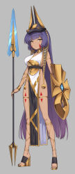 Rule 34 | 1girl, ancient egyptian, ankh, armlet, breasts, dark-skinned female, dark skin, facial mark, full body, grey background, high heels, highres, holding, holding polearm, holding shield, holding weapon, jewelry, long hair, looking at viewer, medium breasts, nail polish, no panties, ochiaki, original, planted, planted polearm, polearm, purple hair, shield, skindentation, solo, spear, standing, thighlet, toenail polish, toenails, very long hair, weapon, wedge heels, yellow eyes
