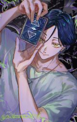 Rule 34 | 1boy, arm up, black background, blue hair, card, chromatic aberration, closed mouth, commentary request, distortion, eye of providence, hair between eyes, hand up, highres, holding, holding card, looking at viewer, male focus, meguriya ayumu, osakana ofish, shirt, short hair, short sleeves, smile, solo, toshi densetsu kaitai center, triangle necklace, upper body, white shirt, yellow eyes