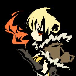 1girl black_background black_gloves blonde_hair brown_cape cape closed_mouth commentary_request doroidsan double_bun expressionless fire fur-trimmed_cape fur_trim gloves hair_bun high_contrast high_wizard_(ragnarok_online) kathryne_keyron looking_at_viewer looking_to_the_side lowres oekaki profile pyrokinesis ragnarok_online red_eyes short_hair simple_background solo upper_body