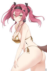 1girl absurdres ass bare_shoulders bikini black_bow blush bow breasts chym39 closed_mouth commentary cowboy_shot earrings english_commentary from_side gold_bikini hair_between_eyes hair_bow highres jewelry large_breasts looking_at_viewer lupa_(wuthering_waves) medium_hair metal_hairband pink_hair simple_background solo swimsuit tacet_mark_(wuthering_waves) tail thighs white_background wolf_tail wuthering_waves yellow_eyes