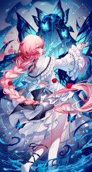1girl 1other absurdres ankle_ribbon artist_name back_bow bare_shoulders black_bow black_ribbon blue_nails bow character_request copyright_request dress frilled_sleeves frills highres holding_hands leg_ribbon long_braid long_hair long_sleeves nail_polish off-shoulder_dress off_shoulder pink_hair red_eyes ribbon sheya signature very_long_hair white_dress