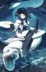 absurdres aya_gozen black_hair black_pantyhose blunt_bangs boots eyelashes high_heel_boots high_heels highres ice japanese_clothes kimono long_eyelashes long_sleeves looking_at_viewer obi pantyhose parted_bangs purple_eyes sash sengoku_musou sitting snake
