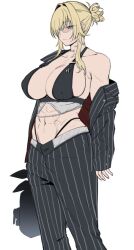 1girl amano_don bag bikini black_bikini black_jacket black_pants blonde_hair blue_eyes breasts cleavage closed_mouth collar collarbone commentary_request cowboy_shot formal_clothes glasses goddess_of_victory:_nikke grave_(beautiful_you)_(nikke) grave_(nikke) hair_between_eyes hair_intakes hair_over_one_eye highleg highleg_bikini holding holding_bag jacket large_breasts long_hair metal_collar midriff navel off_shoulder official_alternate_costume pants pinstripe_jacket pinstripe_pants pinstripe_pattern pinstripe_suit ponytail scar scar_on_stomach short_ponytail sidelocks simple_background single_bare_shoulder solo standing suit swimsuit white_background