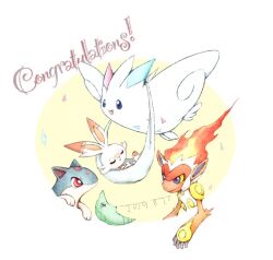 :d animal_focus black_eyes blue_eyes border bright_pupils closed_eyes closed_mouth cocoon congratulations fiery_hair fire fireblast gen_1_pokemon gen_2_pokemon gen_4_pokemon gen_8_pokemon infernape metapod monkey nintendo no_humans open_mouth pokemon pokemon_(creature) quilava red_eyes round_border scorbunny simple_background smile togekiss white_border white_fur white_pupils wings yellow_background