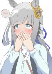 1girl absurdres animal_ears blue_eyes blunt_bangs blush casual chrono_genesis_(umamusume) commentary_request covering_own_mouth embarrassed grey_hair hair_between_eyes hair_ornament hard7v2 highres horse_girl portrait solo sweat sweatdrop umamusume white_background