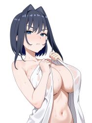 1girl black_hair blue_eyes breasts closed_mouth frown hair_intakes hashtag-only_commentary highres holding holding_towel hololive hololive_english large_breasts naked_towel navel navie2022 ouro_kronii simple_background solo towel virtual_youtuber wet white_background