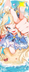 Rule 34 | 1girl, absurdres, ahoge, animal ear fluff, animal ears, beach, blonde hair, blue eyes, blue hair, blue nails, byxis, cat ears, crab, dress, fang, fins, fish girl, fish tail, highres, indie virtual youtuber, kaniki (sameko saba), long hair, looking at viewer, multicolored hair, nail polish, one eye closed, open mouth, pointing, pointing at viewer, sameko saba, sand, skin fang, sleeveless, sleeveless dress, smile, solo, streaked hair, tail, very long hair, virtual youtuber, water, white dress