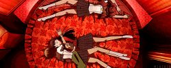 3girls amagi_yukiko animated animated_gif bed black_hair feet kujikawa_rise long_hair lowres multiple_girls no_shoes persona persona_4 satonaka_chie school_uniform serafuku socks