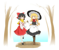 2girls apron ascot bare_shoulders black_dress black_hair black_hat black_socks black_vest blonde_hair blush blush_stickers bow braid breath buttons cold detached_sleeves dress food frilled_dress frilled_hat frills hair_bow hair_tubes hakurei_reimu hat highres holding holding_food kirisame_marisa kumanou22 long_hair long_sleeves looking_at_another multiple_girls open_mouth outdoors plaid_clothes plaid_scarf red_bow red_dress roasted_sweet_potato scarf shirt single_braid socks sparkling_eyes striped_clothes striped_scarf sweet_potato touhou vest waist_apron walking white_apron white_bow white_shirt white_socks winter witch_hat yellow_ascot yellow_eyes yellow_scarf