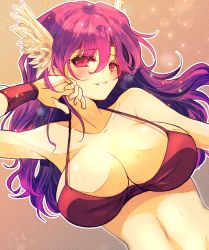1girl armpit_peek artist_request athena_(series) bikini bikini_top_only breasts cleavage grin highres large_breasts long_hair navel princess_athena purple_eyes purple_hair red_bikini seductive_smile smile snk solo swimsuit