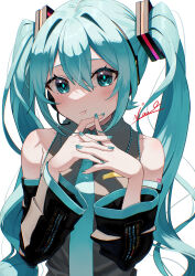 1girl absurdres aqua_eyes aqua_hair aqua_necktie bare_shoulders black_sleeves collar detached_sleeves grey_shirt hair_ornament hatsune_miku highres long_hair looking_at_viewer necktie pout shirt simple_background solo tatyaoekaki twintails vocaloid