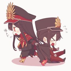 &gt;_&lt; 1boy 1girl armored_boots black_cape black_hair black_hat black_jacket black_pants boots brother_and_sister cape cape_grab chain chibi chibi_only clothes_grab collared_cape crest dragging family_crest fate/grand_order fate_(series) fiery_hair flying_sweatdrops gloves gold_chain grey_gloves hair_between_eyes hat jacket jitome jodhpurs kepi long_hair long_sleeves low_ponytail medallion military_hat military_jacket military_uniform oda_nobukatsu_(fate) oda_nobunaga_(fate) oda_uri open_mouth pants peaked_cap ponytail profile puff_of_air raised_eyebrows red_cape red_eyes red_jacket red_pants shadow siblings sidelocks simple_background sitting v-shaped_eyebrows very_long_hair walking wavy_mouth white_background yzrh0