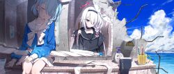 2girls absurdres arona_(blue_archive) black_hairband black_serafuku black_shirt blue_archive blue_hair blue_shirt braid broken_mirror closed_eyes colored_inner_hair female_pov grey_eyes hair_brush hair_over_one_eye hairband highres holding holding_hair_brush long_hair long_sleeves mirror multicolored_hair multiple_girls neckerchief pink_hair plana_(blue_archive) pov school_uniform serafuku shirt short_hair single_braid skirt sleeping white_hair white_neckerchief white_skirt yo_na