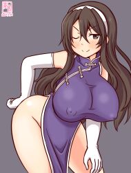 1girl artist_logo ashigara_(kancolle) brown_eyes brown_hair china_dress chinese_clothes covered_erect_nipples cowboy_shot dated dress elbow_gloves gloves gradient_background grey_background hairband kanon_(kurogane_knights) kantai_collection logo long_hair no_panties one-hour_drawing_challenge one_eye_closed pelvic_curtain purple_dress sleeveless sleeveless_dress solo wavy_hair white_gloves white_hairband