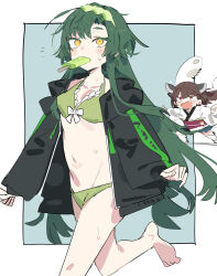 2girls barefoot bikini black_jacket blush breasts brown_hair commentary_request food food_in_mouth green_bikini green_hair hair_between_eyes headgear highres jacket japanese_clothes karei long_hair long_sleeves multiple_girls open_clothes open_jacket open_mouth popsicle popsicle_in_mouth red_eyes simple_background sweat swimsuit touhoku_kiritan touhoku_zunko very_long_hair voiceroid wide_sleeves yellow_eyes