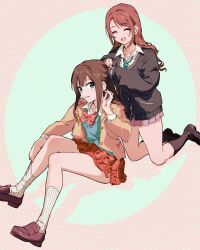 2girls alternate_hairstyle black_cardigan black_socks bloom_into_me15 bow bowtie brown_hair brown_jacket brown_shoes cardigan closed_eyes cosplay costume_switch green_eyes hair_down hairstyle_switch highres idolmaster idolmaster_cinderella_girls jacket kneeling long_hair long_sleeves multiple_girls necktie open_clothes open_jacket open_mouth red_bow red_bowtie red_skirt shibuya_rin shimamura_uzuki shoes sitting skirt sleeves_past_wrists smile socks striped_necktie tying_another&#039;s_hair white_socks