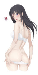 ! 1girl ass black_hair blush bra breasts cowboy_shot flustered from_behind hands_on_own_ass hibike!_euphonium highres hook kousaka_reina lie_lack1080 long_hair looking_at_viewer looking_back medium_breasts open_mouth panties panty_pull purple_eyes solo spoken_exclamation_mark sweat underwear white_background white_bra white_panties