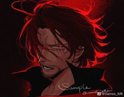 1boy backlighting beard connected_beard facial_hair furrowed_brow high_collar looking_at_viewer male_focus messy_hair one_piece red_eyes red_hair red_theme sample_watermark scar scar_across_eye scar_on_face shanks_(one_piece) short_hair solo vamos_mk watermark