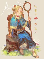 Rule 34 | 1girl, ambrosia (dungeon meshi), backpack, bag, black choker, blonde hair, blue capelet, blue hood, blue robe, blush, braid, capelet, character name, choker, closed mouth, commentary, dungeon meshi, elf, green eyes, half up braid, half up half down braid, highres, hood, hooded capelet, kikan (kikanoe), long hair, long pointy ears, looking at viewer, low twin braids, mage staff, marcille donato, medium hair, parted bangs, pointy ears, robe, sandals, sitting, on tree stump, smile, solo, staff, twin braids