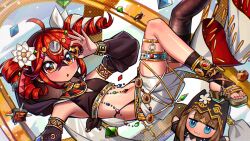 2girls :o ahoge alternate_costume arknights black_sleeves blue_eyes blush bow brown_hair brown_sandals chibi cropped_shirt crossed_bangs detached_sleeves drill_hair fingernails floating gem hair_between_eyes hair_bow hair_ribbon highres kakosa_sama kasane_teto kasane_teto_(sv) looking_at_viewer multicolored_eyes multiple_girls navel open_mouth orange_eyes pepe_(arknights) red_eyes red_nails ribbon sandals shirt skirt sleeveless sleeveless_shirt synthesizer_v toenails twin_drills utau white_background white_bow white_ribbon white_skirt