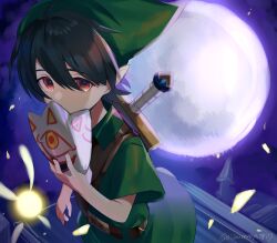 1boy absurdres cosplay fairy full_moon green_hat hat highres holding holding_mask link link_(cosplay) looking_at_viewer male_focus mask mask_of_truth moon navi nijisanji ninahachi nintendo sword the_legend_of_zelda tunic unworn_mask virtual_youtuber weapon weapon_on_back yumeoi_kakeru