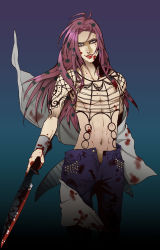 Rule 34 | 1boy, blood, diavolo, jojo no kimyou na bouken, knife, lipstick, long hair, makeup, male focus, midriff, nug, pink hair, solo