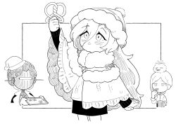 Rule 34 | 37 (maidjump goods cafe) (reverse:1999), 37 (reverse:1999), 3girls, :o, arm up, beanie, chibi, cloak, coat, coat on shoulders, cowboy shot, creature on head, cup, daku k, eating, food, food in mouth, freckles, fur-trimmed headwear, fur trim, greyscale, hair between eyes, hair bun, hand up, hat, highres, holding, holding cup, holding food, holding tray, humanoid robot, inset border, joints, lineart, long hair, looking at food, looking up, lucy (reverse:1999), miniskirt, mittens, monochrome, multiple girls, nightcap, official alternate costume, outside border, pom pom (clothes), pom pom beanie, pretzel, reverse:1999, robot, robot girl, robot joints, skirt, sweater, tray, upper body, vertin (reverse:1999), white background