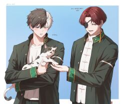 2boys animal black_hair blue_background blush border brown_hair cat chinese_clothes earrings eyepatch green_jacket heterochromia high_collar highres holding holding_animal holding_cat jacket jewelry light_blush long_sleeves looking_at_animal male_focus multicolored_hair multiple_boys one_eye_closed open_clothes open_jacket open_mouth outside_border sakura_haruka_(wind_breaker) school_uniform shirt short_hair smile soru_2023 split-color_hair standing suo_hayato tangzhuang tassel tassel_earrings teeth tongue twitter_username two-tone_hair upper_body white_border white_hair white_shirt wind_breaker_(nii_satoru) yellow_eyes