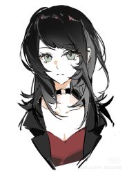 1girl bang_dream! bang_dream!_it&#039;s_mygo!!!!! black_choker black_hair black_jacket blue_eyes breasts choker cleavage closed_mouth collarbone cropped_torso jacket looking_at_viewer medium_hair o-ring o-ring_choker red_shirt shirt simple_background solo undersuito50673 upper_body white_background yahata_umiri