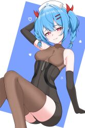1girl absurdres arm_behind_back arm_behind_head arm_up bare_shoulders black_gloves blue_hair blush braid breasts colphne_(girls&#039;_frontline_2) colphne_(silent_heart)_(girls&#039;_frontline_2) elbow_gloves filmxd from_below girls&#039;_frontline girls&#039;_frontline_2:_exilium gloves grin hair_ornament hair_ribbon hairclip happy hat heart highres hip_focus knees_together_feet_apart looking_at_viewer looking_down nurse_cap red_eyes red_ribbon ribbon sitting skindentation small_breasts smile solo thighhighs thighs twin_braids twintails