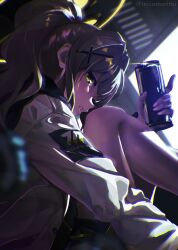 1girl bare_legs blue_archive can english_text green_eyes green_halo grey_hair hair_ornament hairclip halo hare_(blue_archive) hood hoodie jacket looking_at_viewer millennium_science_school_logo school_uniform shuijulei sitting solo teeth twitter_username white_jacket