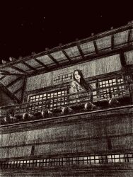 1girl architecture balcony black_hair building east_asian_architecture floral_print greyscale highres japanese_clothes kimono long_hair monochrome night night_sky original sky sliding_doors solo tp_p_pt