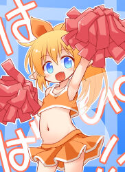 1girl :d arm_up blonde_hair blue_background blue_eyes breasts cheerleader crop_top crop_top_overhang cropped_shirt fairy_wings fang hand_up highres holding holding_pom_poms kso long_hair looking_at_viewer midriff miniskirt navel open_mouth orange_shirt orange_skirt original pleated_skirt pointy_ears pom_pom_(cheerleading) pom_poms ponytail revision shirt skirt sleeveless sleeveless_shirt small_breasts smile solo transparent_wings variant_set wings