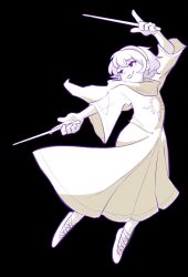 1girl arm_up ballet_slippers black_background dress dual_wielding full_body hairband highres holding homestuck kl_oekaki looking_to_the_side parted_lips purple_theme rose_lalonde short_hair simple_background smile solo wide_sleeves
