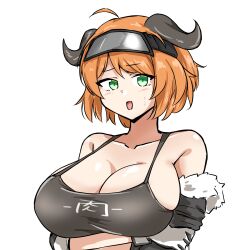 1girl absurdres ahoge arknights arms_under_breasts bare_shoulders black_camisole black_horns breasts brown_hair camisole cleavage clothes_writing collarbone commentary_request croissant_(arknights) crossed_arms fur_trim gloves green_eyes highres horns large_breasts looking_at_viewer off_shoulder open_mouth partial_commentary short_hair simple_background solo spaghetti_strap sweatdrop upper_body white_background white_gloves xibu_cai