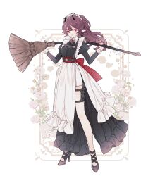 1girl black_shoes broom commentary commission dress floral_background flower frilled_dress frills full_body headdress high_heels highres holding holding_broom lemon89h looking_at_viewer original pink_flower pink_nails pink_rose pointy_ears purple_hair red_brooch red_eyes rococo_movement rose shoes standing thigh_strap wavy_hair white_headdress