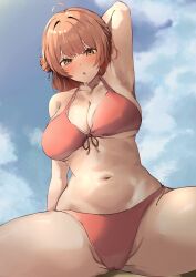 Rule 34 | 1girl, :o, ahoge, arm up, armpits, bikini, blush, breasts, brown eyes, brown hair, carskey1120, cleavage, collarbone, commentary, front-tie bikini top, front-tie top, gakuen idolmaster, hair intakes, hanami ume, hashtag-only commentary, idolmaster, kimi to semi blue (idolmaster), large breasts, navel, no jacket, official alternate costume, one side up, parted lips, pink bikini, side-tie bikini bottom, sitting, solo, spread legs, swimsuit