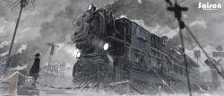 1girl black_coat black_hat blurry blurry_foreground boots cable cloud cloudy_sky coat commentary_request french_text from_behind from_side green_hair hat high_heel_boots high_heels highres light locomotive long_hair long_sleeves machinery original perspective ponytail railroad_tracks scenery shuiyaoximushi size_difference sky smoke snow snowing solo standing steam steam_locomotive thighhighs traffic_cone translated utility_pole wheel zettai_ryouiki