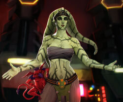 1girl 1other absurdres alien amionna arm_tattoo belt blurry blurry_background brown_pants chest_sarashi colored_skin depth_of_field facial_tattoo full-body_tattoo green_eyes green_skin highres kowakian_monkey-lizard looking_at_viewer navel pants saleen_jarvik_(ivynotorious) sarashi shoulder_tattoo star_wars tattoo twi&#039;lek