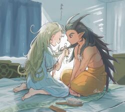 1boy 1girl barefoot bedroom black_hair blonde_hair bone_necklace closed_eyes comb commentary_request curtains dark-skinned_male dark_skin dragon_quest dragon_quest_builders_2 earrings female_builder_(dqb2) hair_brush hair_horns high-waist_pants holding holding_own_hair hoop_earrings indian_style jewelry long_hair looking_down matsuge_(gajigaji) messy_hair necklace nightgown on_bed open_mouth orange_pants pants pointy_ears profile red_eyes sidoh_(dqb2) silver_earrings sitting spiked_hair sweatdrop toned toned_male tooth_necklace topless_male very_long_hair wariza white_nightgown