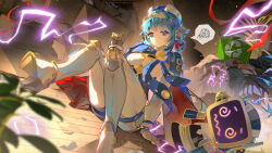 Rule 34 | 1girl, 1other, @ @, android, arm support, arrow (symbol), birgitta (genshin impact), blue eyes, blue hair, cape, double bun, electricity, genshin impact, hair bun, hat, high heels, highres, indoors, ineffa (genshin impact), joints, mechanical arms, mechanical legs, messy room, on floor, recycle bin, recycling symbol, robot ears, robot girl, robot joints, short hair, spoken squiggle, squiggle, wavy mouth, yu e baba