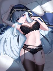 1girl absurdres adina_savic arm_up armpits bare_arms black_bra black_panties black_survival blue_eyes blue_veil bra breasts brown_thighhighs cleavage commission eternal_return:_black_survival frown garter_belt hand_up highres lapis0_0 long_hair looking_at_viewer lying medium_breasts navel on_back on_bed panties pillow pixiv_commission pulling_own_clothes skindentation solo stomach strap_pull thighhighs underwear veil very_long_hair white_hair