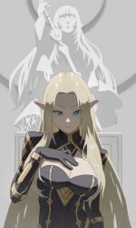 1girl alpha_(kage_no_jitsuryokusha_ni_naritakute!) black_bodysuit blonde_hair blue_eyes bodysuit breasts cleavage cleavage_cutout closed_mouth clothing_cutout elf hand_on_own_chest highres kage_no_jitsuryokusha_ni_naritakute! large_breasts long_hair looking_at_viewer making-of_available marble_(stone) marble_sculpture niwatori5948 olivier_(kage_no_jitsuryokusha_ni_naritakute!) pointy_ears smile solo statue straight-on upper_body very_long_hair