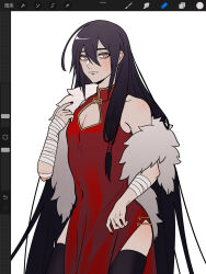 1boy alternate_costume art_tools_in_frame bandaged_arm bandages bare_shoulders black_hair black_thighhighs blush breasts china_dress chinese_clothes chinese_commentary cleavage_cutout closed_mouth clothing_cutout crossdressing dao_gui_yi_xian dress eyelashes fur_scarf hair_between_eyes highres ji_zai li_huowang long_hair looking_at_viewer low-tied_sidelocks male_focus nail_polish official_alternate_hair_length official_alternate_hairstyle pectoral_cleavage pectorals pelvic_curtain red_dress red_eyes red_nails side_slit sidelocks simple_background sleeveless sleeveless_dress solo thighhighs trap very_long_hair white_background wuzi3742